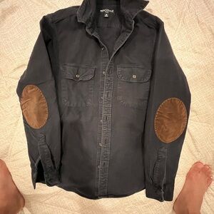 J. Crew Navy Button-Front Shirt Jacket with Brown Elbow Patches